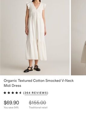 Quince White Textured Cotton Smocked V-Neck Midi Dress
